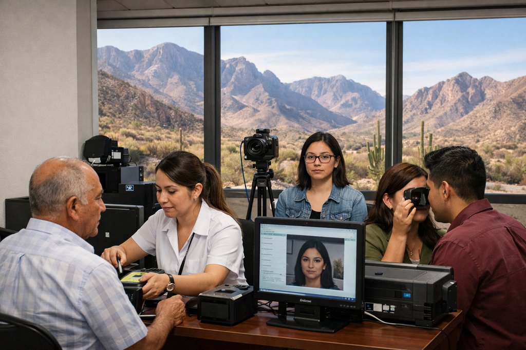 Personas en un módulo de gobierno en Coahuila registrando datos biométricos con paisaje desértico y montañas al fondo