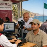Personas en un módulo de RENAPO en Baja California registrando sus datos biométricos para la CURP, con paisaje costero y desierto de fondo.