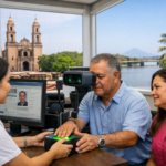Captura de huellas para la CURP biométrica en Culiacán, Sinaloa, con la catedral y el río al fondo.