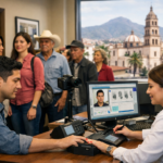 Captura de huellas para la CURP biométrica en una oficina del Registro Civil de Durango, con la catedral y montañas al fondo.