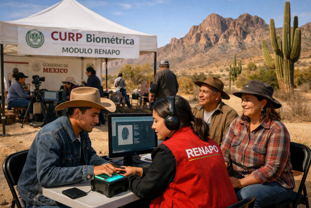 Personas en un módulo de gobierno en Chihuahua capturando datos biométricos con un paisaje desértico de fondo