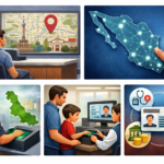 Persona realizando trámite de CURP biométrica en un módulo de la Ciudad de México con mapa en pantalla
