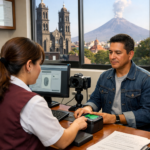 Huellas digitales de un ciudadano en Puebla con la catedral y el Popocatépetl al fondo