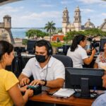 Personas en un módulo de gobierno en Campeche capturando datos biométricos con arquitectura colonial de fondo