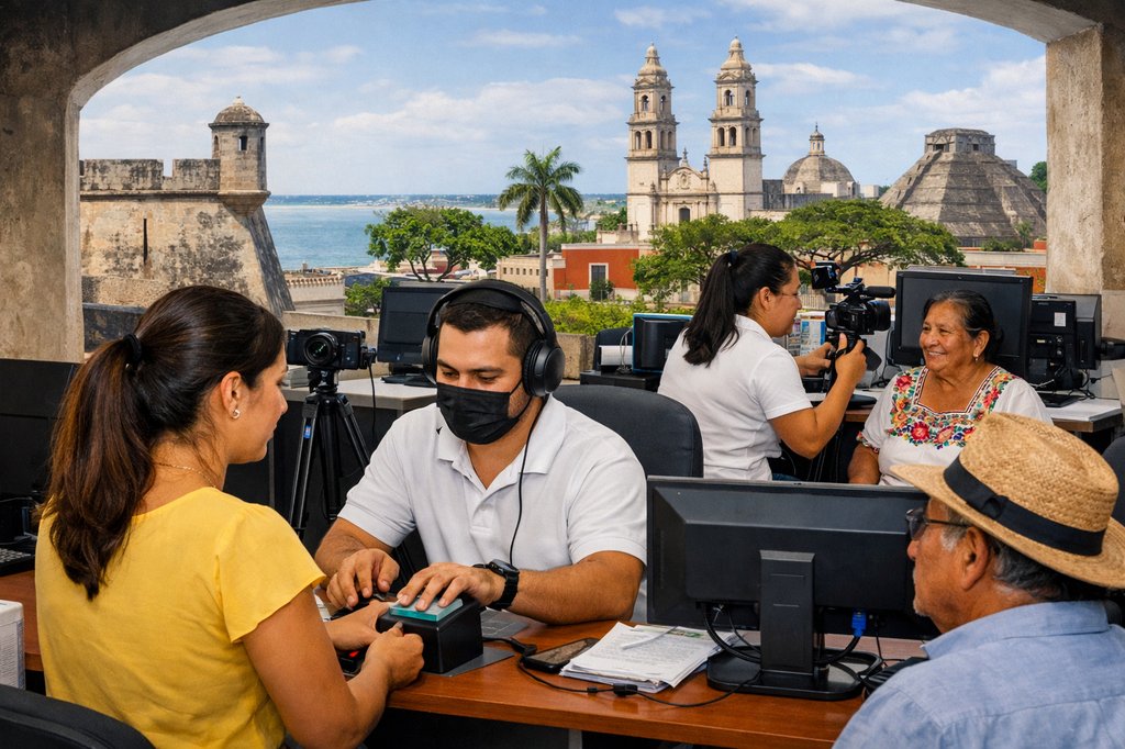 Personas en un módulo de gobierno en Campeche capturando datos biométricos con arquitectura colonial de fondo