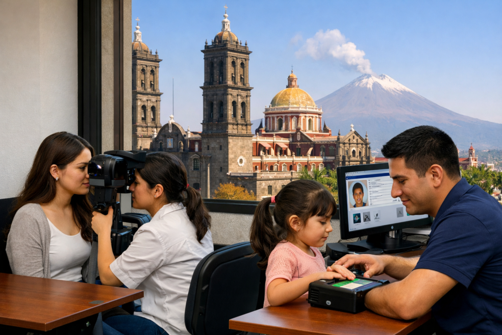 Escaneo de huellas y fotografía para la CURP biométrica en Puebla con la catedral y el volcán Popocatépetl al fondo.