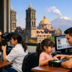 Escaneo de huellas y fotografía para la CURP biométrica en Puebla con la catedral y el volcán Popocatépetl al fondo.