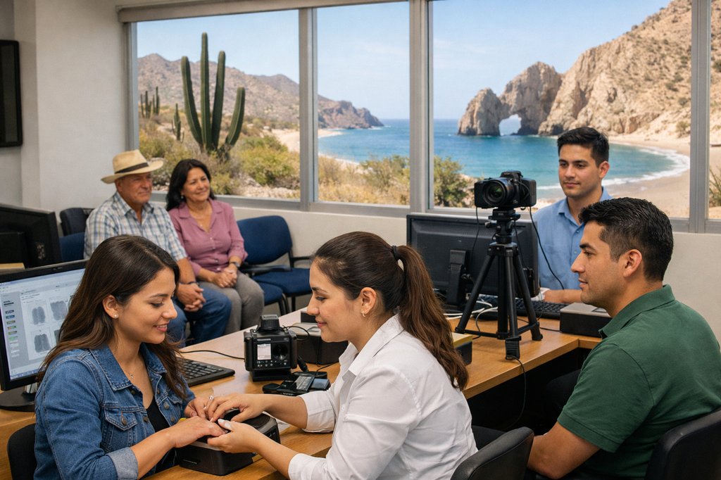 Personas registrando datos biométricos en un módulo de Baja California Sur con el arco de Los Cabos de fondo
