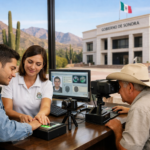 Captura de huellas e iris para la CURP biométrica en Hermosillo, Sonora, con el edificio del Gobierno de Sonora y montanas de fondo.