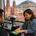 Escaneo de huellas y fotografia para la CURP biometrica en Zacatecas con la catedral y el cerro de la Bufa al fondo