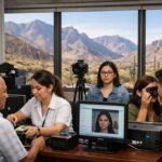 Personas en un módulo de gobierno en Coahuila registrando datos biométricos con paisaje desértico y montañas al fondo
