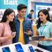 Mujer joven registra su línea móvil Bait en un módulo digital usando un smartphone y mostrando su identificación oficial, sin logotipos.