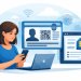 Ilustración de una persona usando una laptop y un smartphone con una tarjeta SIM digital y una tarjeta de identificación biométrica