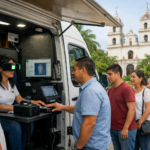 Unidad móvil de registro de la CURP biométrica en Tabasco, con personas haciendo fila junto a una iglesia y palmeras.