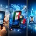 Ilustración de un teléfono con huella digital y señal de conexión para el registro de líneas telefónicas con la CURP biométrica