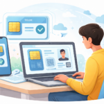 Ilustración de una persona usando una laptop para registrar una línea telefónica con una tarjeta SIM digital y una tarjeta de identificación biométrica, sin logos