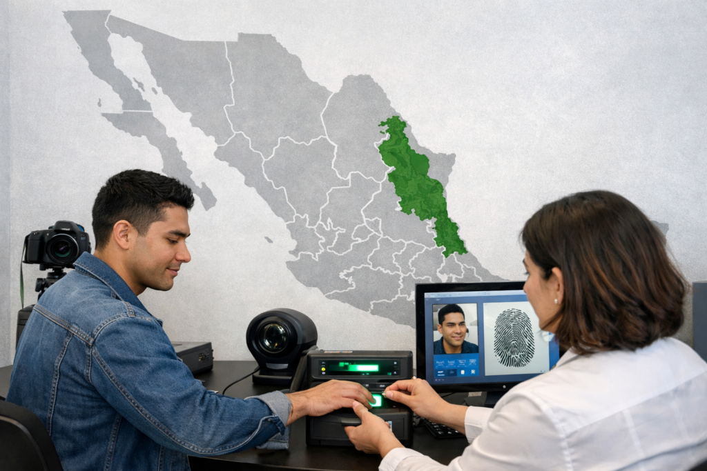 Ilustración de una persona registrando su huella digital con mapa de Veracruz en verde para la CURP biométrica