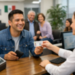 Hombre sonriente recibe su CURP biométrica en una oficina del Registro Civil mexicana de manera gratuita.