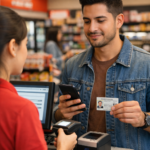 Persona registrando su línea OXXO en una tienda de conveniencia, mostrando su identificación y proceso digital