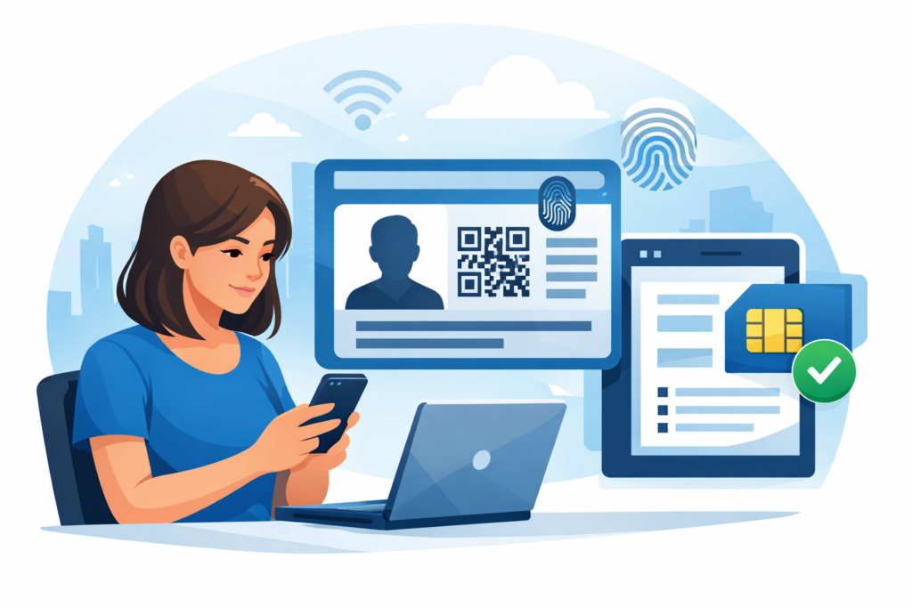 Ilustración de una persona usando una laptop y un smartphone con una tarjeta SIM digital y una tarjeta de identificación biométrica