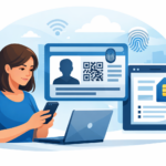 Ilustración de una persona usando una laptop y un smartphone con una tarjeta SIM digital y una tarjeta de identificación biométrica