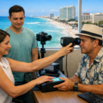 Escaneo de iris y huellas para la CURP biométrica en Cancún con el Mar Caribe y la zona hotelera al fondo.