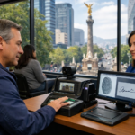 Hombre registrando su huella digital para la CURP biométrica en el módulo de la Ciudad de México con el Ángel de la Independencia al fondo