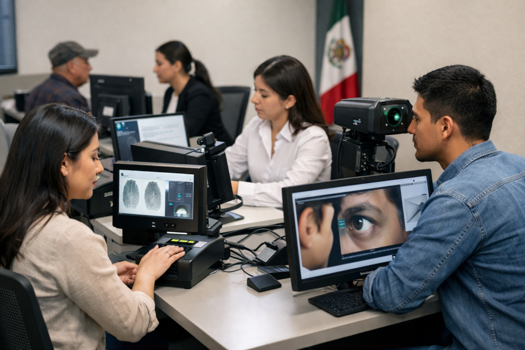 Personas en un módulo gubernamental registrando sus datos biométricos para la CURP