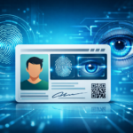 Ilustración de una tarjeta de identidad digital con huella dactilar e iris representando la nueva CURP biométrica