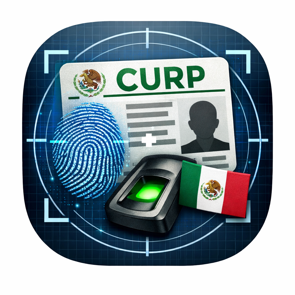 Ilustración de una tarjeta de CURP biométrica digital con la bandera de México y datos de identidad