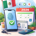 Ilustración de un teléfono móvil con huella digital y calendario 2026 simbolizando el registro de líneas celulares con la CURP biométrica