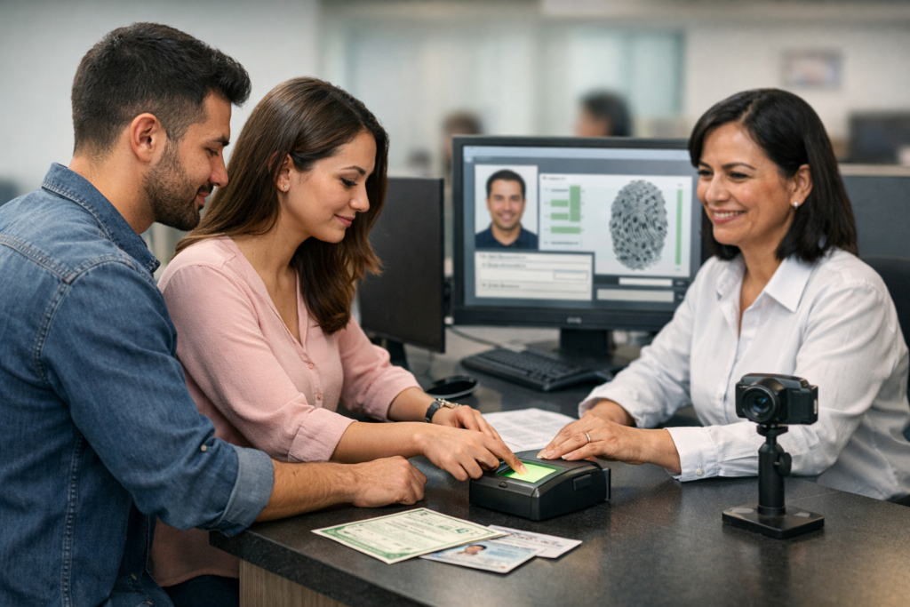 Persona entregando documentos y rPersona entregando documentos y egistrando su huella digital en un módulo biométrico