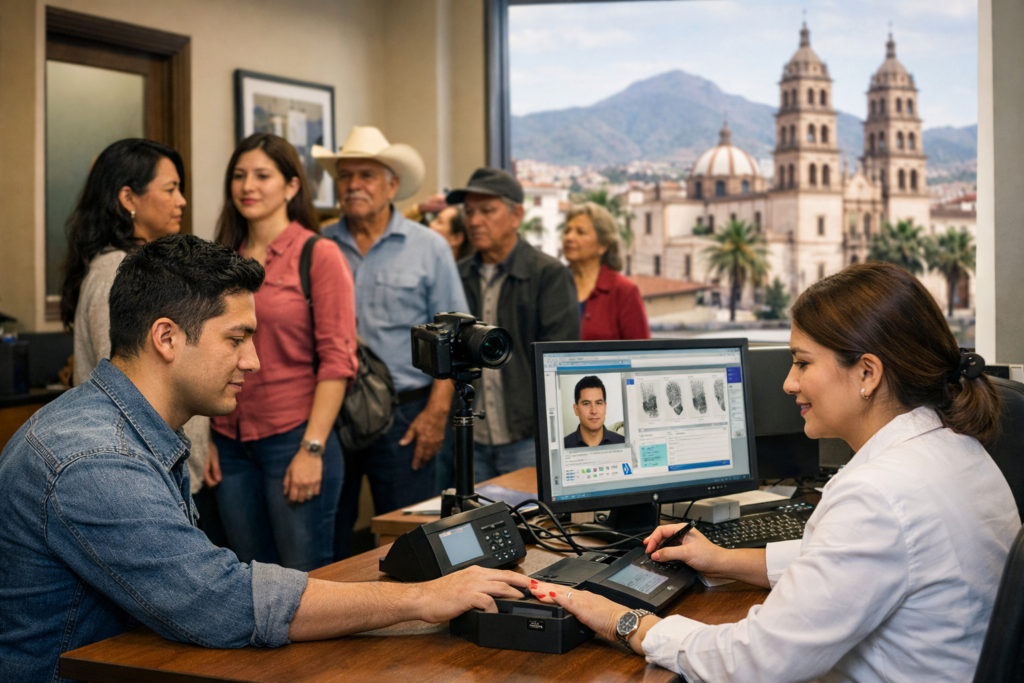 Captura de huellas para la CURP biométrica en una oficina del Registro Civil de Durango, con la catedral y montañas al fondo.