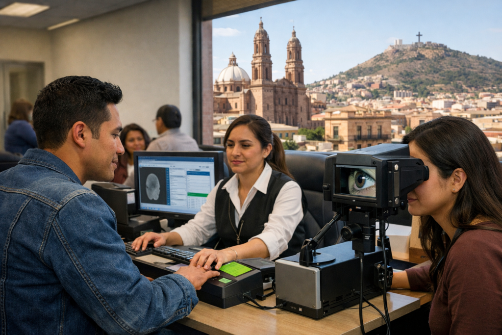 Registro de datos biométricos para la CURP en Zacatecas con escaneo de huellas y iris.