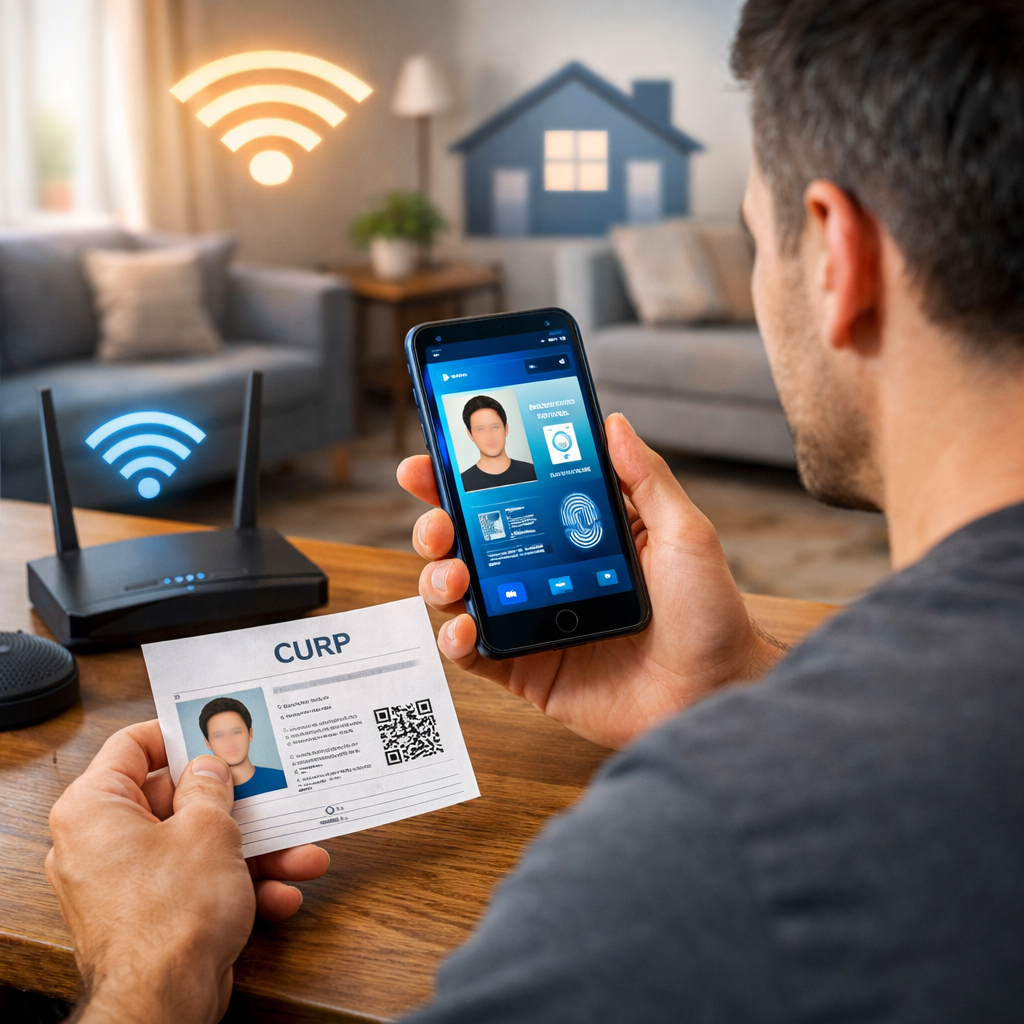 Persona verifica su identidad y CURP biométrica cerca de un router mientras se registra en línea con su celular y laptop, enfatizando los requisitos digitales de Netwey.