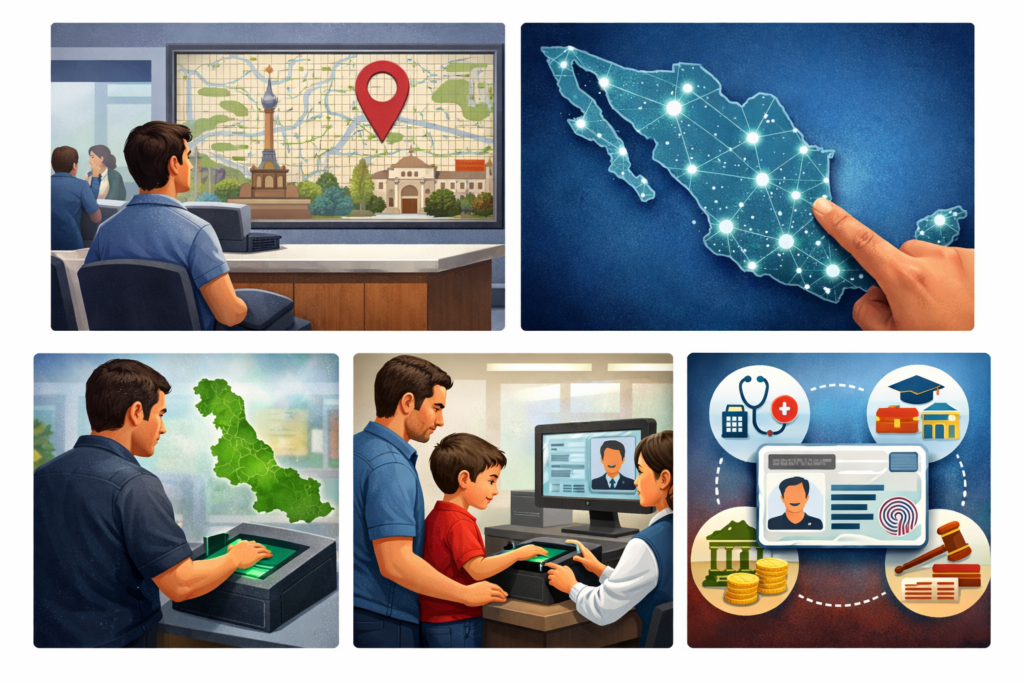 Persona realizando trámite de CURP biométrica en un módulo de la Ciudad de México con mapa en pantalla