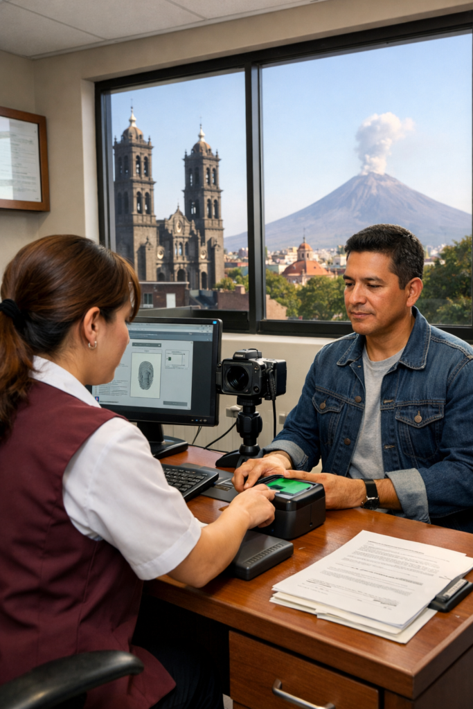 Huellas digitales de un ciudadano en Puebla con la catedral y el Popocatépetl al fondo