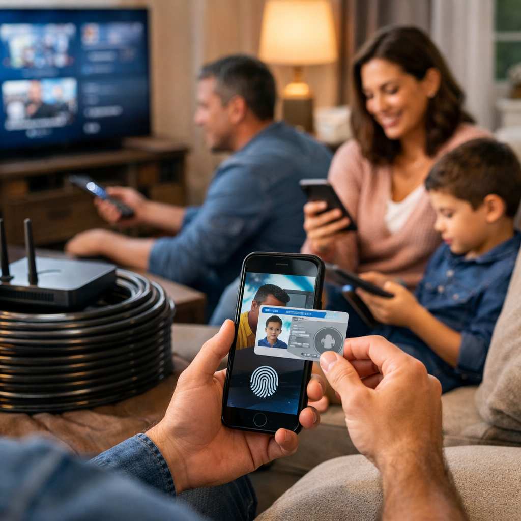 Familia utilizando smartphone y computadora para registrar la CURP biométrica en línea, con equipo de fibra óptica en el hogar