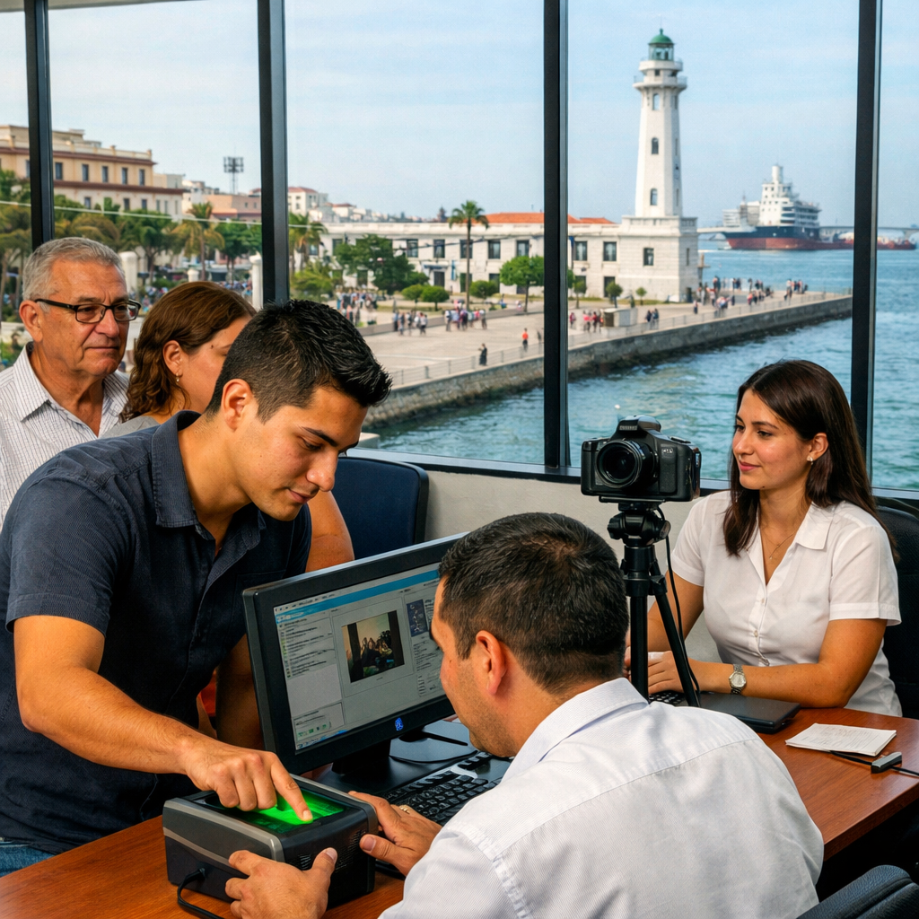 Hombre registrando su huella digital para la CURP biométrica en Veracruz, con el faro y el malecón del puerto visibles a través de la ventana