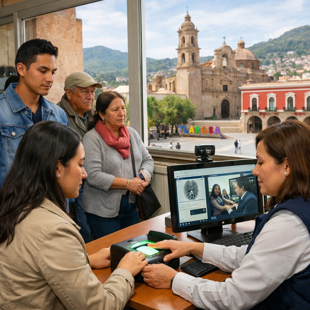 Registro de huellas digitales para la CURP biométrica en Tlaxcala con la iglesia y las le Captura de huellas para la CURP biométrica en Tlaxcala, con vista al centro histórico y letras TLAXCALA.tras de TLAXCALA visibles al fondo.