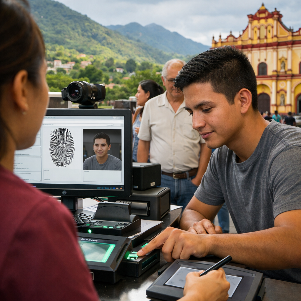 Joven registrando su huella dactilar para la CURP biométrica en Chiapas, con montañas y la catedral de San Cristóbal al fondo