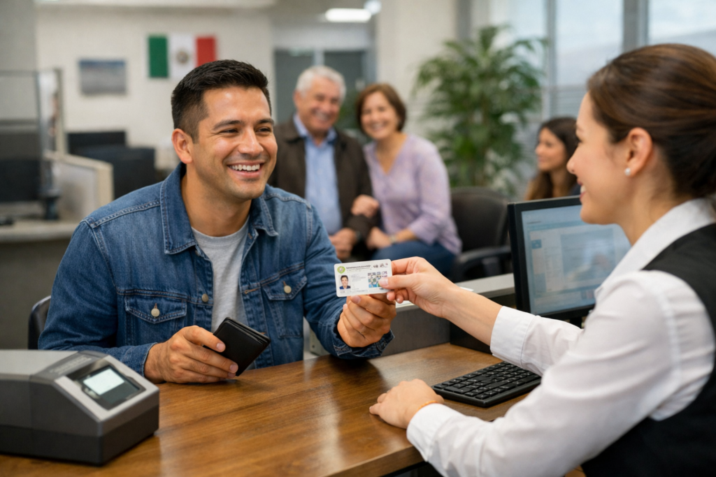 Hombre sonriente recibe su CURP biométrica en una oficina del Registro Civil mexicana de manera gratuita.