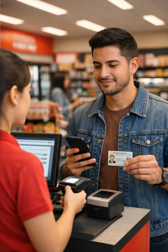 Persona registrando su línea OXXO en una tienda de conveniencia, mostrando su identificación y proceso digital