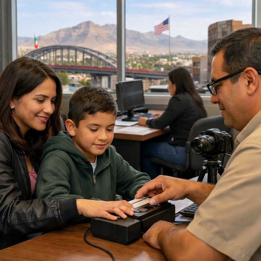Madre e hijo registran sus huellas digitales en el módulo del Registro Civil de Ciudad Juárez con puente fronterizo al fondo.