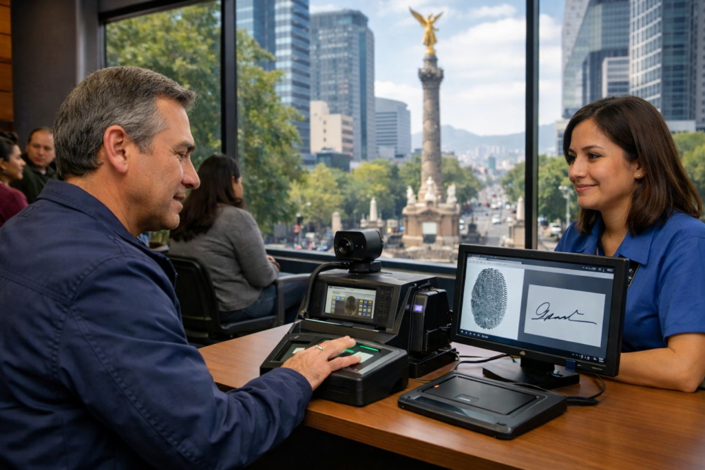 Hombre registrando su huella digital para la CURP biométrica en el módulo de la Ciudad de México con el Ángel de la Independencia al fondo