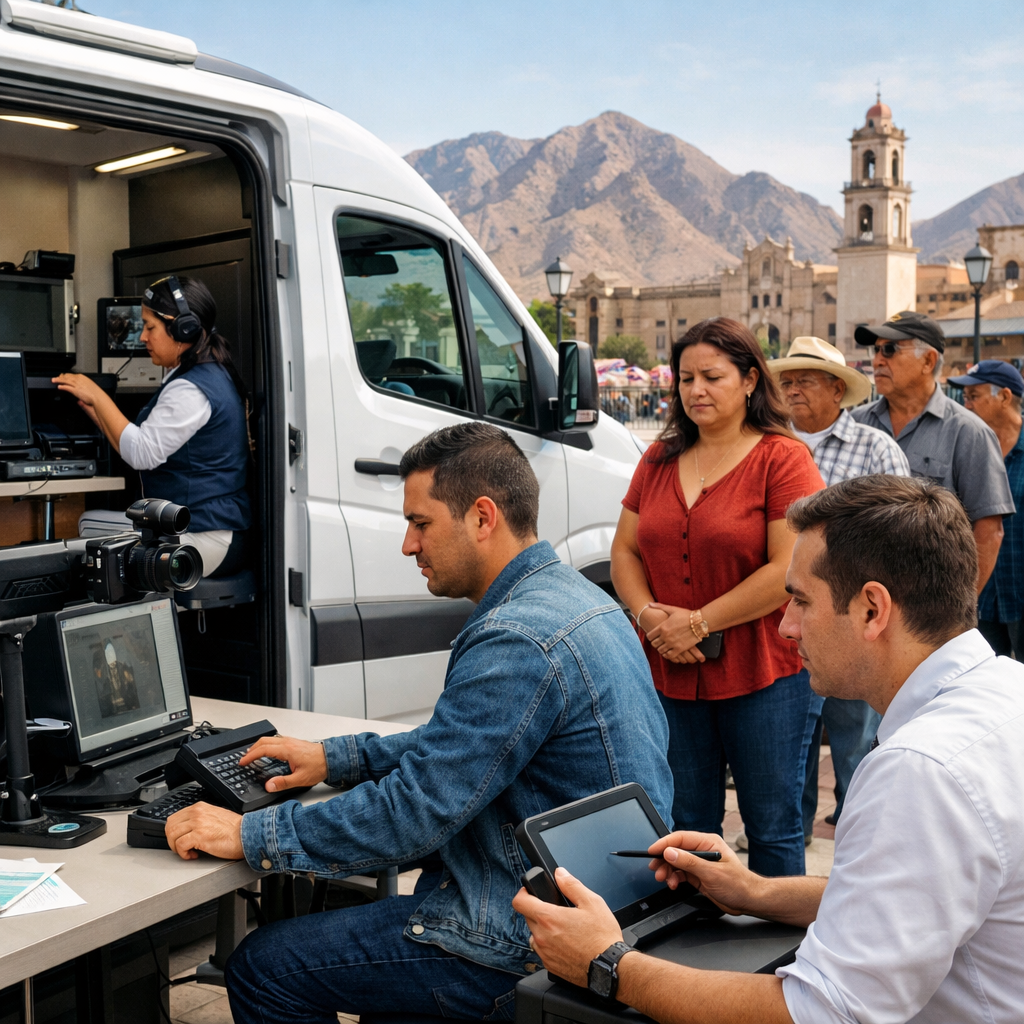 Personas registrando su huella digital en un modulo movil de la CURP biometrica en Coahuila, con montanas y arquitectura local al fondo.