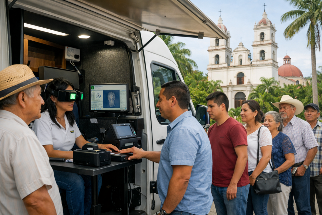 Unidad móvil de registro de la CURP biométrica en Tabasco, con personas haciendo fila junto a una iglesia y palmeras.