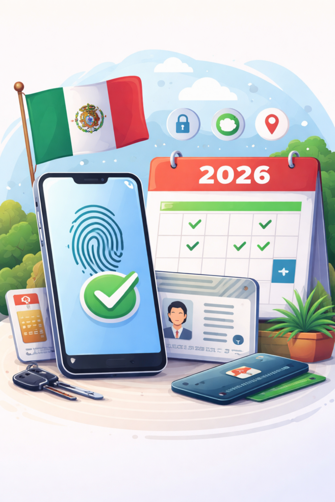 Ilustración de un teléfono móvil con huella digital y calendario 2026 simbolizando el registro de líneas celulares con la CURP biométrica