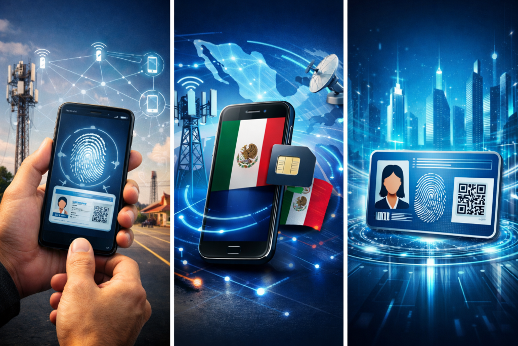 Ilustración de un teléfono con huella digital y señal de conexión para el registro de líneas telefónicas con la CURP biométrica