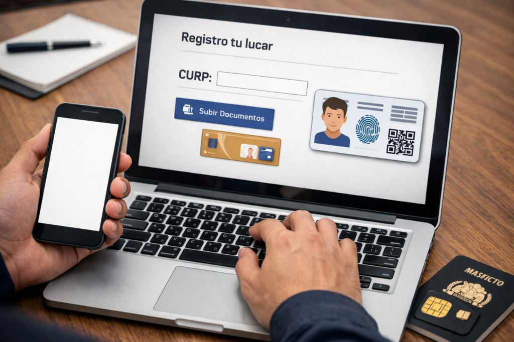 Ilustración de una persona registrando su línea Virgin Mobile con un smartphone, una tarjeta SIM digital y una tarjeta de identificación biométrica